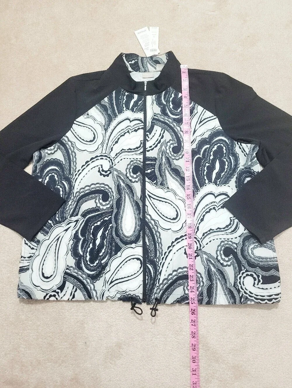 Plus Chico’s Zenergy UPF 50+ Paisley Zip Jacket Black White Size 18/18 NWT